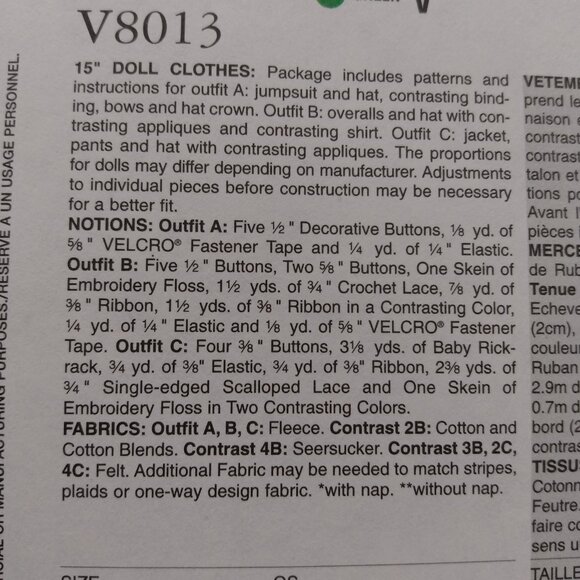 Vintage 15" Baby Doll Clothes Sewing Pattern Overalls Sleeper Jacket UNCUT Vogue - Picture 6 of 9